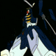A mechanical figure in blue and white armor with yellow stripes holds a sword, transitioning from a standing pose to an explosion of bright yellow light.