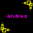 Yellow pixelated square shapes rotate around a central point on black background with pink text reading 'Andrea' in four positions.