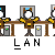 Pixelated character with white face and yellow-brown outfit stands behind desk, repeating across with text "LAN" below each instance