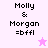 Pixelated text 'Molly & Morgan =bffl' on pink and white backgrounds with a small star icon.