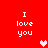 Red background with white text "I love you" in four quadrants and pixelated hearts in the center and corners.
