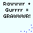 Pixelated text 'Rawwwr + Gupppp = GRAWWWR!' repeated four times on light background with blue dot animations.