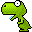 Green pixelated dinosaur with white eyes and black outlines in various poses against gray background.