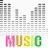 Pixelated audio equalizer bars above the word 'MUSIC' in rainbow gradient letters on white background.