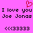 Pixelated pink background with red heart symbol, black text "I love you Joe Jonas" repeated twice and emoticon sequence "<<<33333" below.