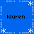 Blue background with white dotted lines and asterisk shapes forming a , four instances of the text 'lauren' in black pixelated font at corners