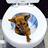 A pixelated image of a dog inside a toilet bowl with blue water, set against a solid blue background with purple text.