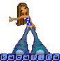Pixelated cartoon woman with long brown hair in blue star-patterned top and teal flared pants, standing against gray background with text "katarina" below.