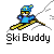 Pixel art animation of a blue-clad character skiing down a snowy slope with yellow skis and ski poles, displayed in an 8-frame contact sheet layout.