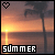 Pixelated sunset beach scene with palm trees, a heart symbol in the top-left corner, and 'summer' text at the bottom.