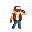 Pixel art character in red cap and vest holding camera, performing throwing motion with red-and-white striped object.