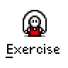 A 5x4 contact sheet of pixel art frames showing a cartoon character performing various exercise poses with the word "Exercise" below each frame.