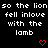 Black background with white pixelated text repeating 'so the lion so the lion fell inlove with the lamb' and two red pixelated hearts at bottom.