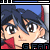 Pixelated anime-style character with dark blue hair and red collar, shown in four -aligned with subtle facial expression changes