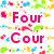 Pixelated pink text 'Four Cour B.A.M.B a&f' on white background with scattered colorful pixel clusters.