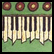 Static pixel art of a piano keyboard with white and black keys, four circular brown-and-yellow knobs above on green background, and green base below.