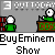 Pixelated animation of green-shirted figures with white heads interacting with red brick stacks and a 'CDY' sign, transitioning to holding an 'EMINEM' poster.