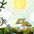Pixelated scene with yellow sun, green tree branch, white cloud-like shape, brown house, and blue flowers on grassy ground.