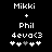 Pixelated text and symbols on black background with two identical static frames showing Mikki + Phil 4eva<3 and four heart symbols, one grayed out.