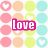 pastel-colored circles with heart symbols, featuring a pink 'Love' text overlay on the left side