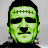 Pixelated green-skinned face with black stitched lines across forehead, black eyes, nose, and mouth, black hair, and two visible bolts on neck against gray background.