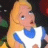 Static 48x48 pixel icon of a cartoon character with long blonde hair wearing a white dress and blue apron, set against dark background elements.