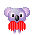 A 4x4 contact sheet of a pixel art koala animation with red heart-shaped props, showing frame-by-frame variations in pose and prop placement against a gray background.