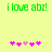 Green pixelated text 'ilove abz!' on light yellow background with pink and purple heart symbols below.
