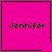 Four identical pink squares with black borders, each containing the name 'Jennifer' in pixelated text, with one square having a black heart symbol and another a black asterisk symbol.