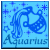 Pixelated blue icon with zodiac symbol and text 'Aquarius' on light blue background, surrounded by small star shapes.