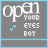 Animated contact sheet of 21 frames showing a gray icon with white text "open YOUR EYES BOT" and blue checkmarks, where the lower text progressively changes from partial phrases to complete sentences about love.