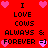 Red background with black text reading "I LOVE COWS ALWAYS & FOREVER" and pink heart symbols in a pattern