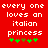 Red background with white pixelated text reading 'every one loves an italian princess' and five green plus signs below, where the third sign changes from brown to green between frames.