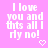Pixelated text on pink background with heart symbol, showing two identical frames of 'I love you and thts all I dy no!' in white block letters.