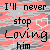 Animated contact sheet of a pixelated text-based icon with repeating phrases and heart symbols on a glitchy pink-and-gray background.