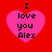 Four pink heart-shaped icons with black text "I love you Alex" on a red background, arranged in a