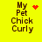 Yellow background with dark brown text reading "My Pet Chick Curly" and four distinct red pixelated symbols in different positions.
