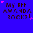 Blue background with repeated text "My BFF AMANDA ROCKS!" in dark brown, scattered pink stars.