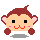 Pixelated monkey face with brown hair, pink ears, black eyes, red mouth, and pink cheeks on gray background.