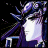 Pixelated anime-style character icon with stylized text on black background, featuring a side-profile face and flowing hair in purple/blue tones.