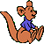 Pixelated cartoon kangaroo in seated pose with long tail, wearing blue shirt, brown fur, green outline, and black accents on limbs.