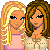 Animated contact sheet of a pixel-art buddy icon featuring two female characters with text overlays in red, green, and purple across six frames.