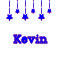 Animated icon shows blue and red star-shaped ornaments hanging above the name 'Kevin' in matching colors, with color variations between frames.
