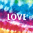 Tie-dye patterned background with text overlays reading LOVE, PEACE, TIE-DYE, and I'm a hippie in white and light gray lettering.