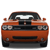 Pixelated orange muscle car viewed from the front, featuring black grille, headlights, and wheels, with a white windshield and dark roof.