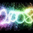 Pixelated image with abstract light patterns in purple, blue, green, and yellow hues against a dark background.