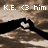 Pixelated image with text 'K.E. <3 him' above a dark silhouette of two figures embracing on a brown textured background.