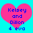 Two identical pink heart-shaped icons with blue text on a cyan background, each displaying "Kelsey and Dillon 4 eva" in pixelated font.