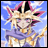 Pixelated anime character with spiky blonde hair and pink accents, wearing a purple garment against a blue sky background.