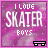 A 3x3 contact sheet of animated frames showing a pink pixelated background with text "I LOVE SKATER BOYS" and small black skateboard icons, each frame displaying slight variations in text color and skateboard position.